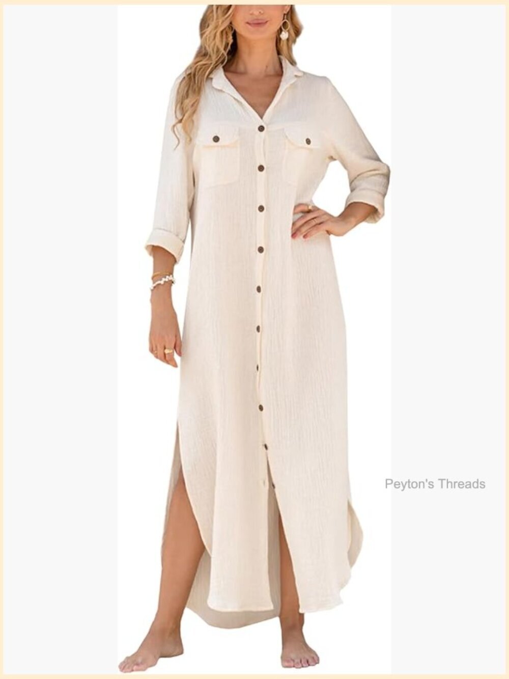 Beach Cover Up Shirt Dress Long Sleeve Cotton V-Neck Button Down Swimsuit